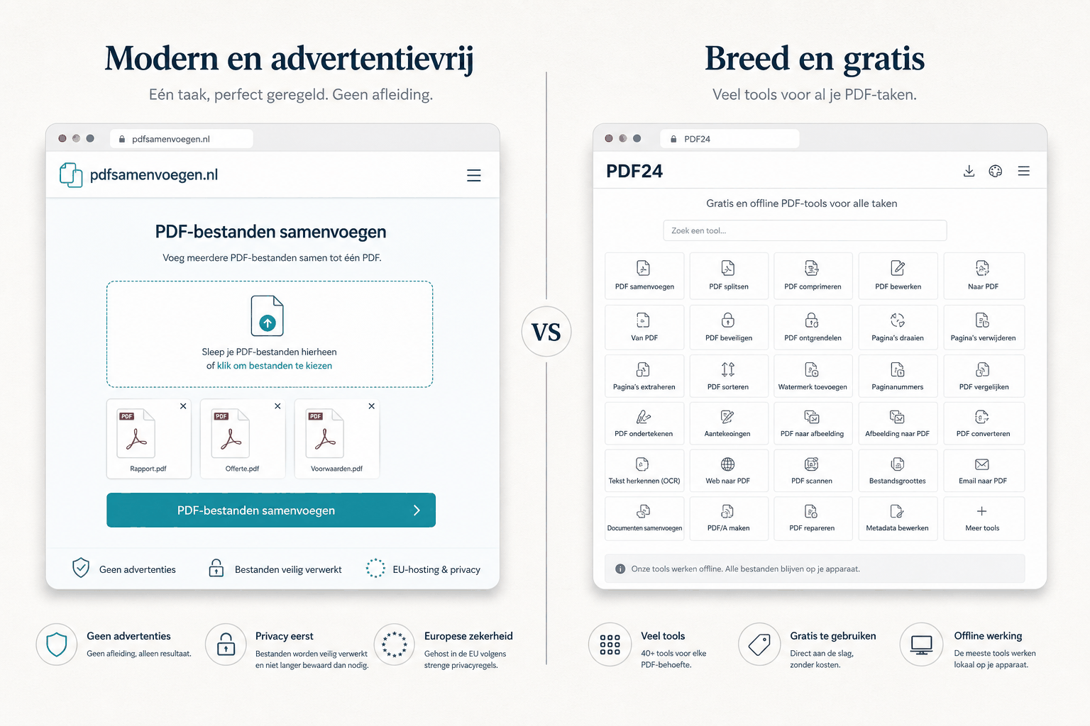 Vergelijking tussen een gerichte PDF-samenvoegtool en de brede PDF24-toolkit